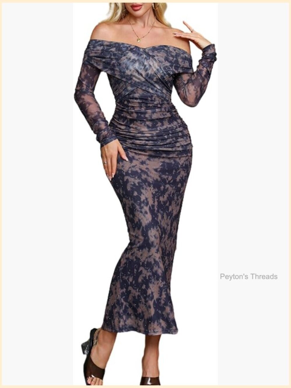 Off the Shoulder Mesh Bodycon Maxi Dress Long Sleeve Ruched Rhinestone Formal